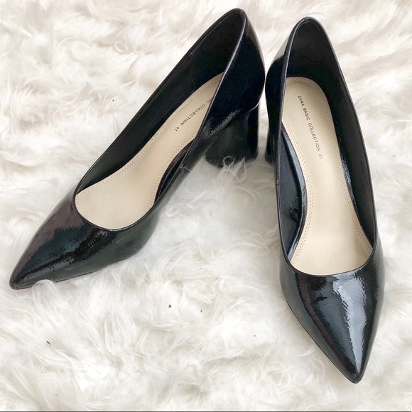 black shiny block heels